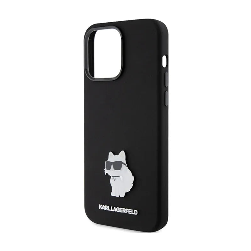Karl Lagerfeld Silicone Choupette Metal Pin – iPhone 15 Pro Max dėklas (juodas)
