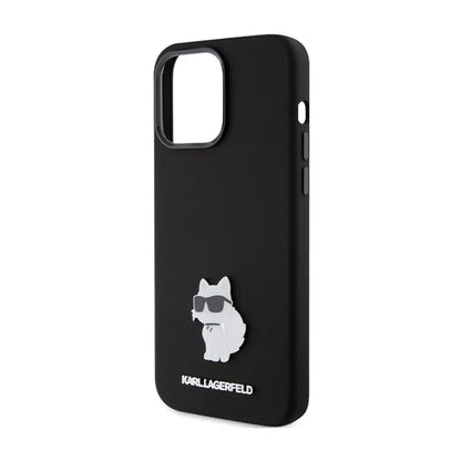 Karl Lagerfeld Silicone Choupette Metal Pin – iPhone 15 Pro Max dėklas (juodas)