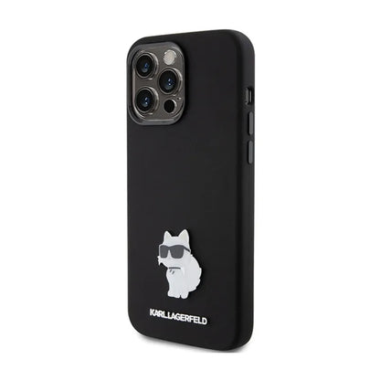 Karl Lagerfeld Silicone Choupette Metal Pin – iPhone 15 Pro Max dėklas (juodas)
