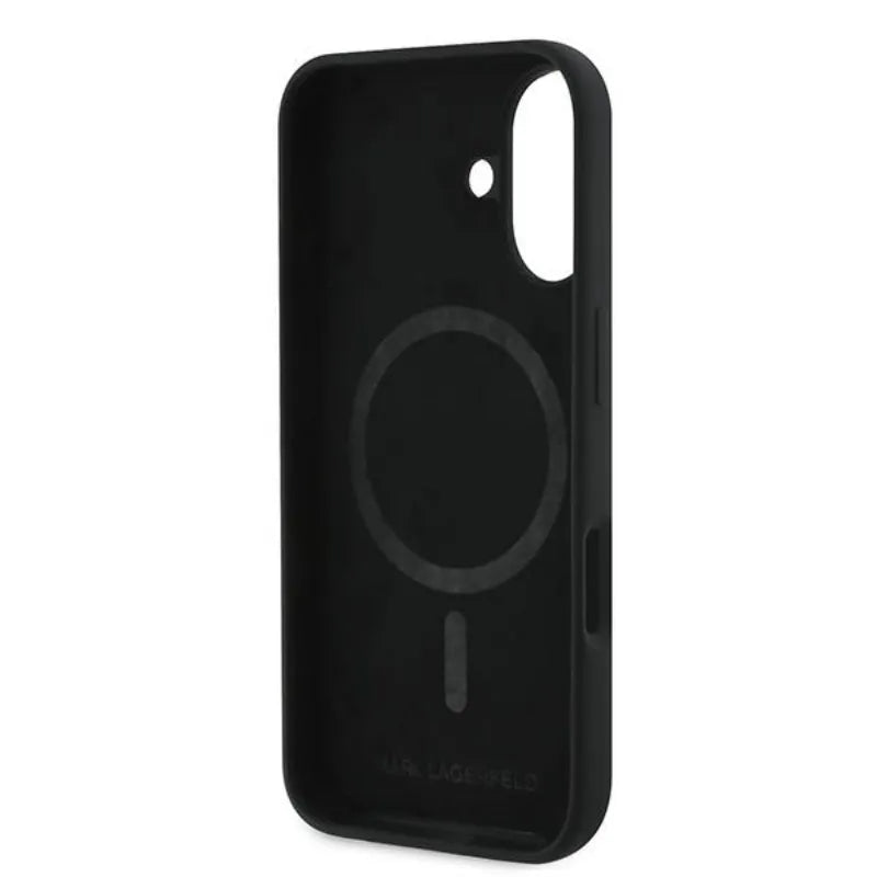 Karl Lagerfeld Silicone Double Heads Print MagSafe - dėklas iPhone 16 Plus (juodas)