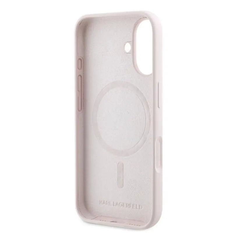 Karl Lagerfeld Silicone Double Heads Print MagSafe – iPhone 16 Plus dėklas (rožinis)