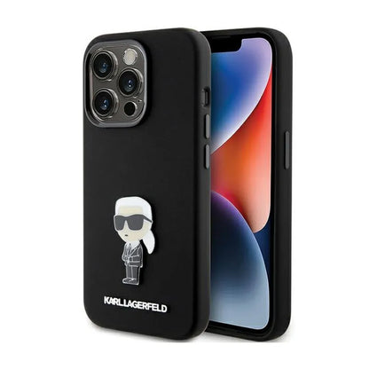 Karl Lagerfeld Silicone Ikonik Metal Pin – iPhone 15 Pro dėklas (juodas)