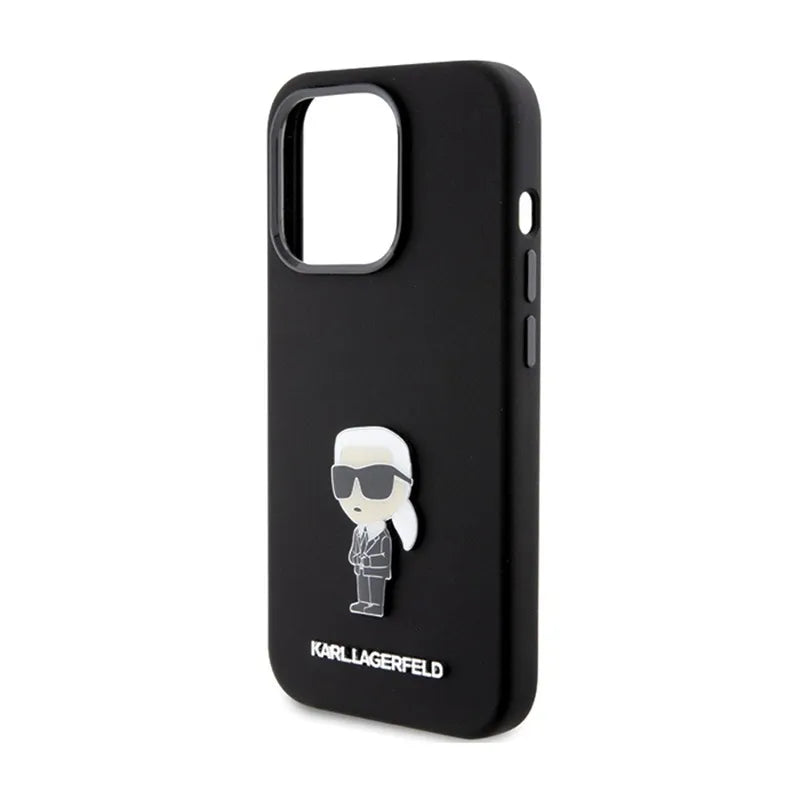 Karl Lagerfeld Silicone Ikonik Metal Pin – iPhone 15 Pro dėklas (juodas)
