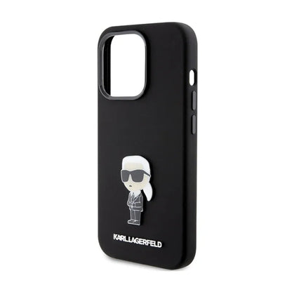 Karl Lagerfeld Silicone Ikonik Metal Pin – iPhone 15 Pro dėklas (juodas)