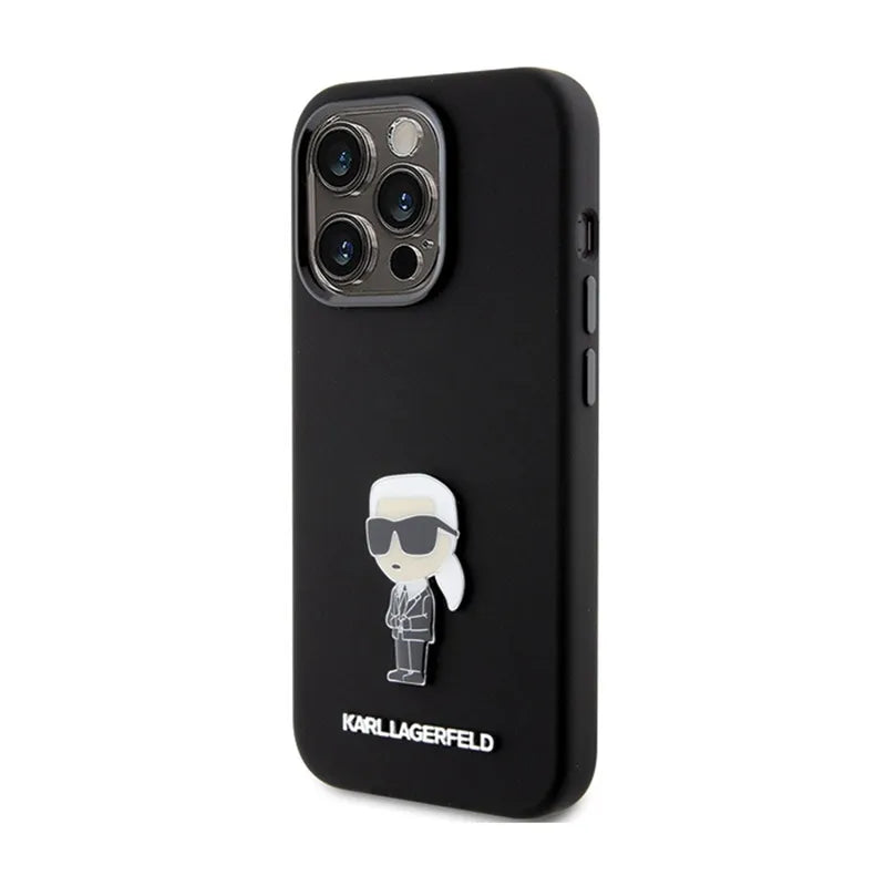 Karl Lagerfeld Silicone Ikonik Metal Pin – iPhone 15 Pro dėklas (juodas)