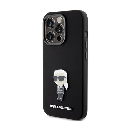 Karl Lagerfeld Silicone Ikonik Metal Pin – iPhone 15 Pro dėklas (juodas)