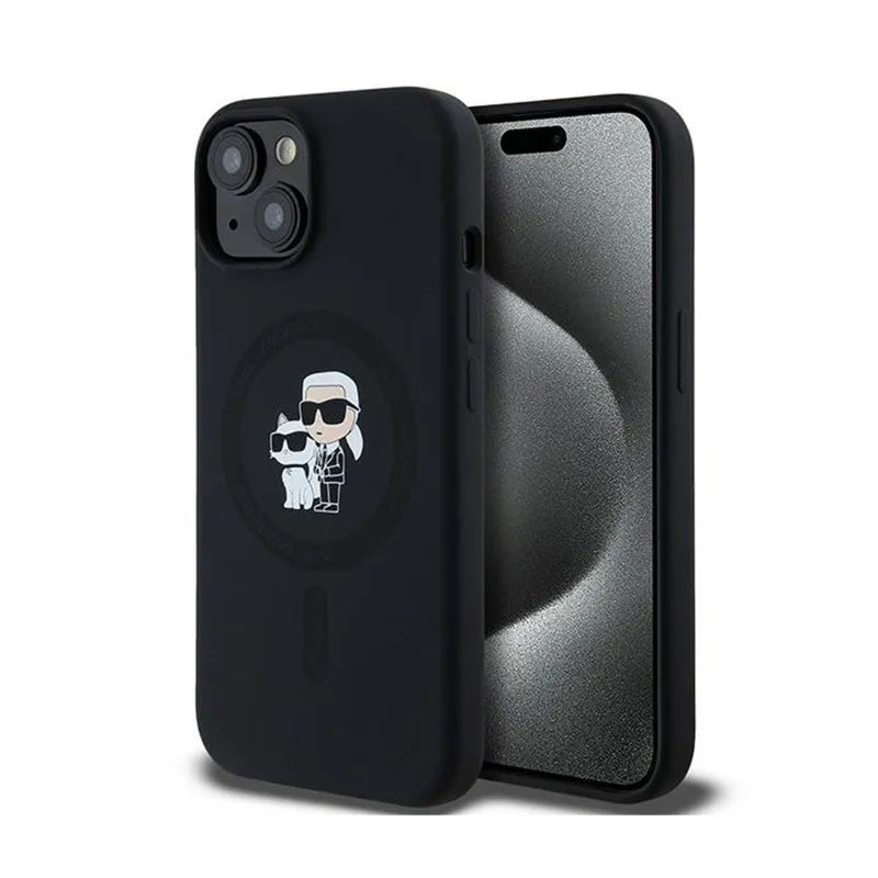 Karl Lagerfeld Silicone Karl & Choupette MagSafe - dėklas iPhone 15 Plus / 14 Plus (juodas)