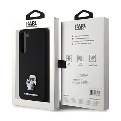Karl Lagerfeld Silicone Karl & Choupette Metal Pin - dėklas „Samsung Galaxy S24+“ (juodas)