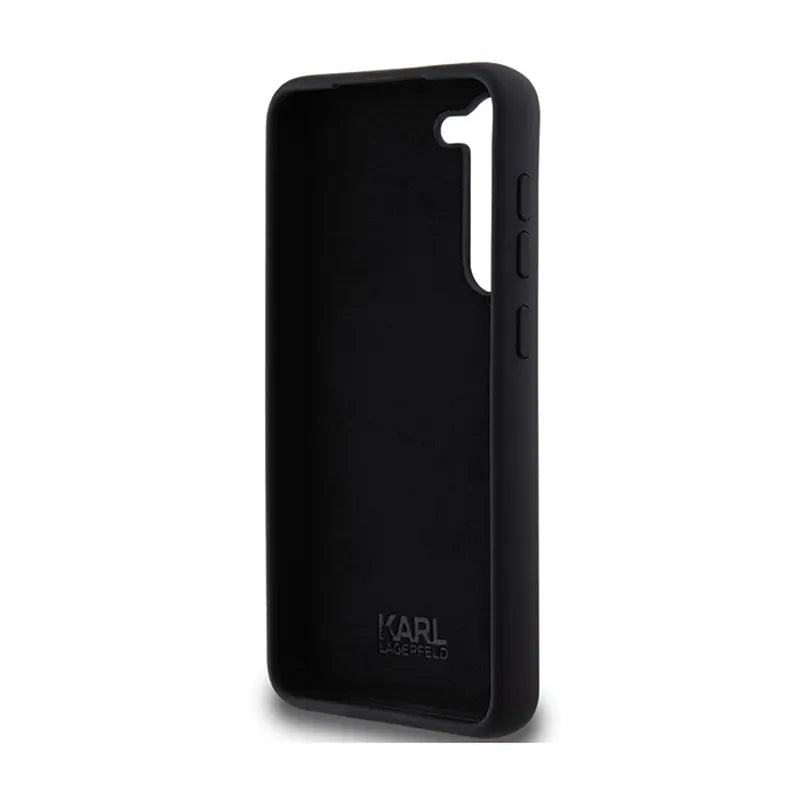 Karl Lagerfeld Silicone Karl & Choupette Metal Pin - dėklas „Samsung Galaxy S24+“ (juodas)
