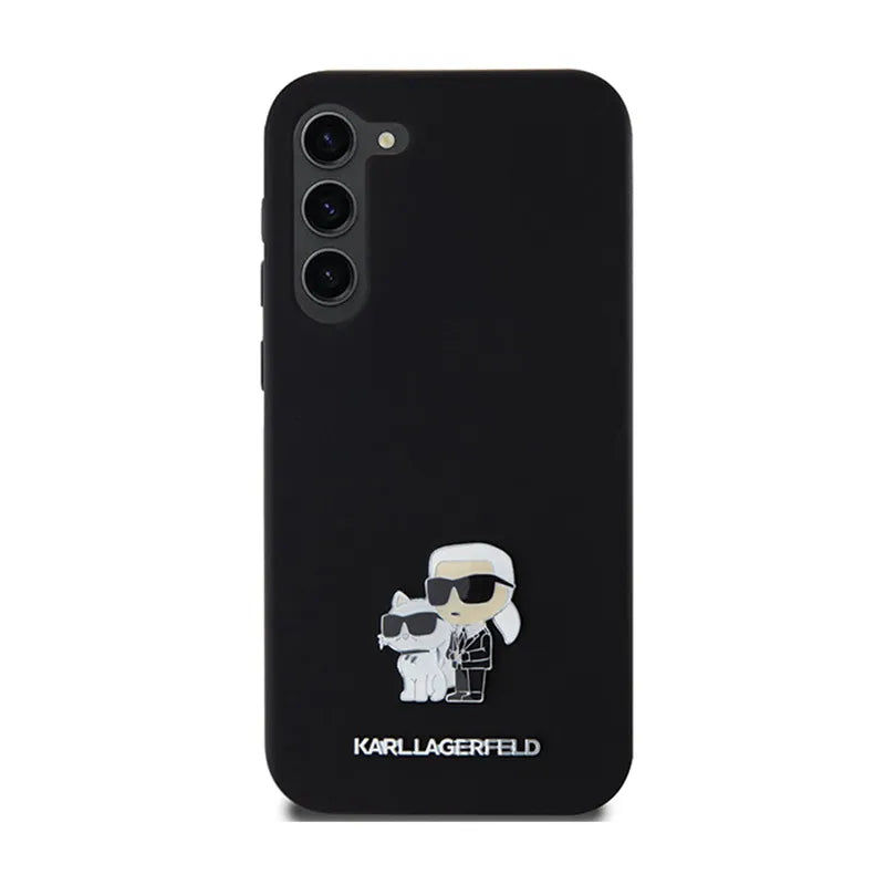Karl Lagerfeld Silicone Karl & Choupette Metal Pin - dėklas „Samsung Galaxy S24+“ (juodas)
