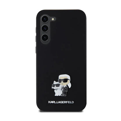 Karl Lagerfeld Silicone Karl & Choupette Metal Pin - dėklas „Samsung Galaxy S24+“ (juodas)