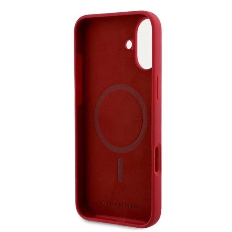 Karl Lagerfeld Silicone Karl & Choupette Ring MagSafe - dėklas iPhone 16 Plus (raudonas)