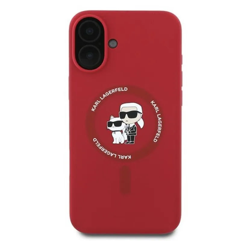 Karl Lagerfeld Silicone Karl & Choupette Ring MagSafe - dėklas iPhone 16 Plus (raudonas)