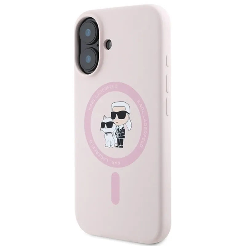 Karl Lagerfeld Silicone Karl & Choupette Ring MagSafe – dėklas iPhone 16 Plus (rožinis)