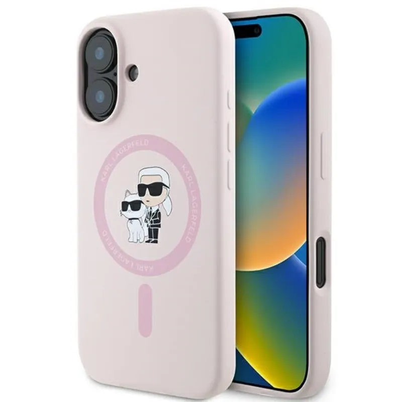 Karl Lagerfeld Silicone Karl & Choupette Ring MagSafe – dėklas iPhone 16 Plus (rožinis)