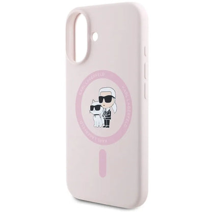 Karl Lagerfeld Silicone Karl & Choupette Ring MagSafe – dėklas iPhone 16 Plus (rožinis)