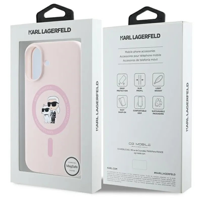 Karl Lagerfeld Silicone Karl & Choupette Ring MagSafe – dėklas iPhone 16 Plus (rožinis)