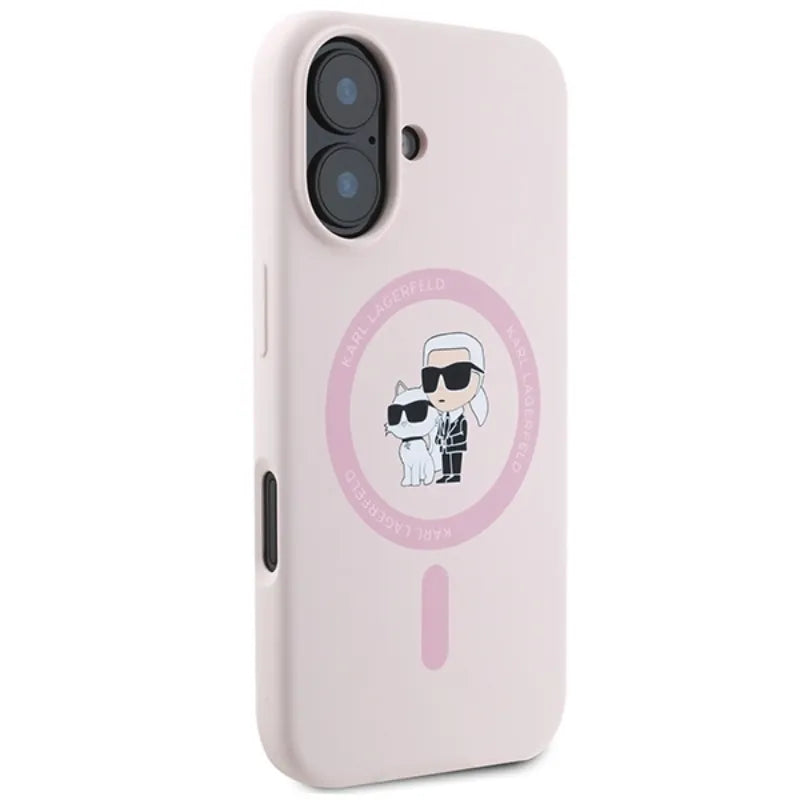 Karl Lagerfeld Silicone Karl & Choupette Ring MagSafe – dėklas iPhone 16 Plus (rožinis)
