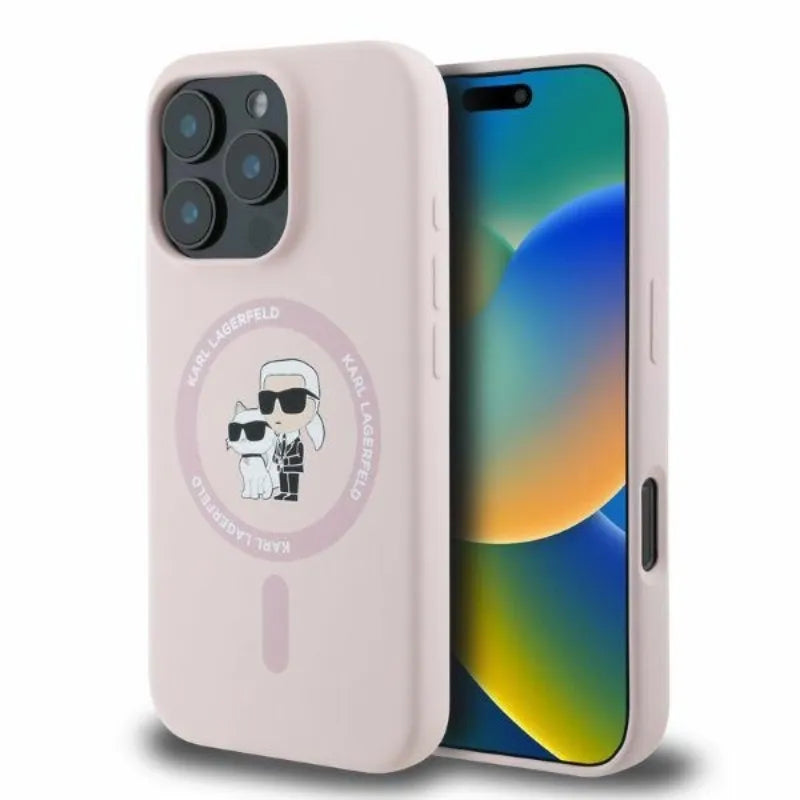 Karl Lagerfeld Silicone Karl & Choupette Ring MagSafe - dėklas iPhone 16 Pro (rožinis)