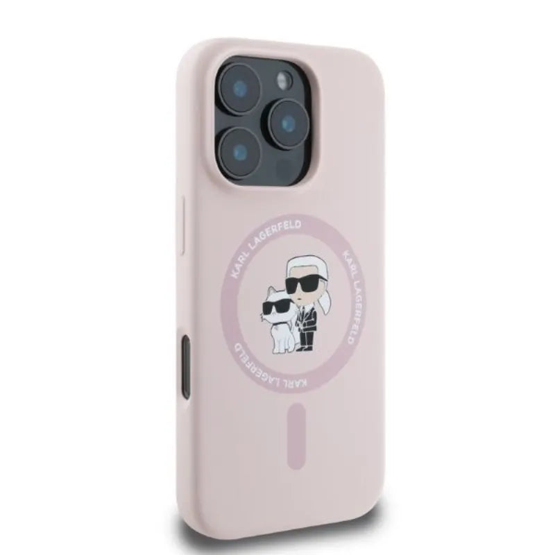 Karl Lagerfeld Silicone Karl & Choupette Ring MagSafe - dėklas iPhone 16 Pro (rožinis)