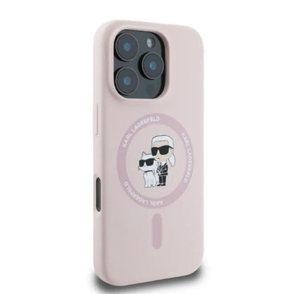 Karl Lagerfeld Silicone Karl & Choupette Ring MagSafe - dėklas iPhone 16 Pro (rožinis)