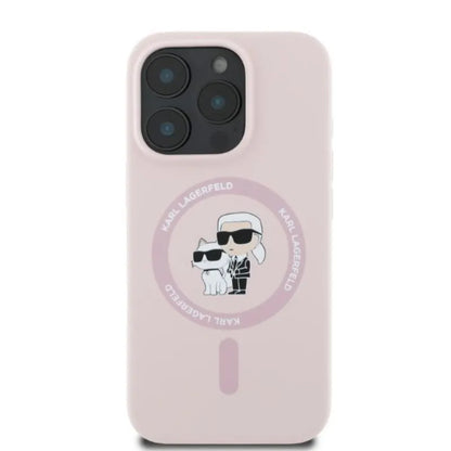Karl Lagerfeld Silicone Karl & Choupette Ring MagSafe - dėklas iPhone 16 Pro (rožinis)