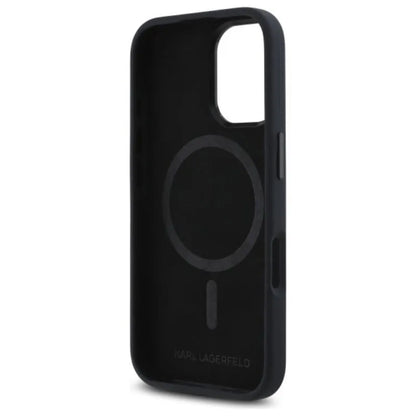 Karl Lagerfeld Silicone Shadow Metal Initial MagSafe – Dėklas iPhone 16 (juodas)