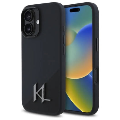 Karl Lagerfeld Silicone Shadow Metal Initial MagSafe – Dėklas iPhone 16 (juodas)