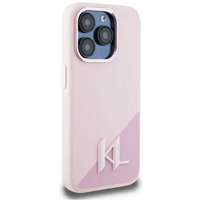 Karl Lagerfeld Silicone Shadow Metal Initial MagSafe – dėklas skirtas iPhone 15 Pro (rožinis)