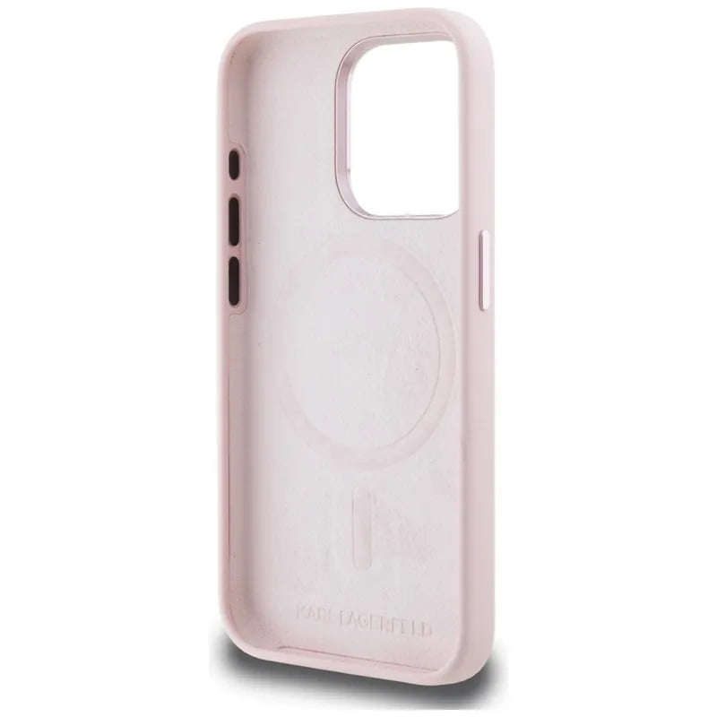 Karl Lagerfeld Silicone Shadow Metal Initial MagSafe – dėklas skirtas iPhone 15 Pro (rožinis)