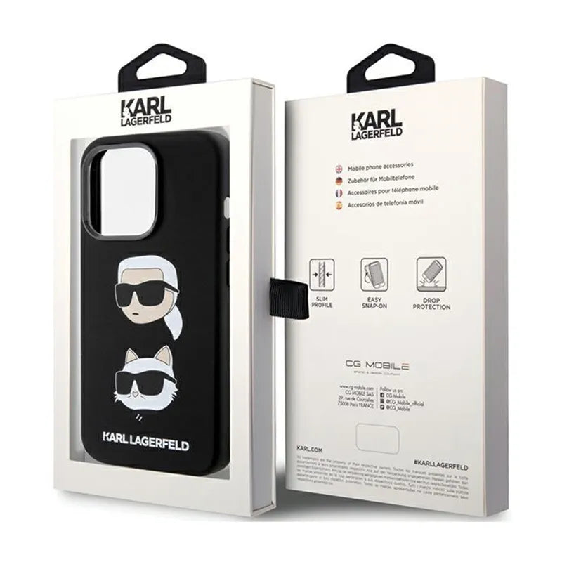 Karl Lagerfeld silikonas Karl & Choupette galvos – dėklas iPhone 15 Pro (juodas)