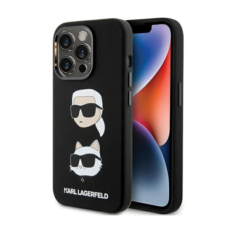 Karl Lagerfeld silikonas Karl & Choupette galvos – dėklas iPhone 15 Pro (juodas)