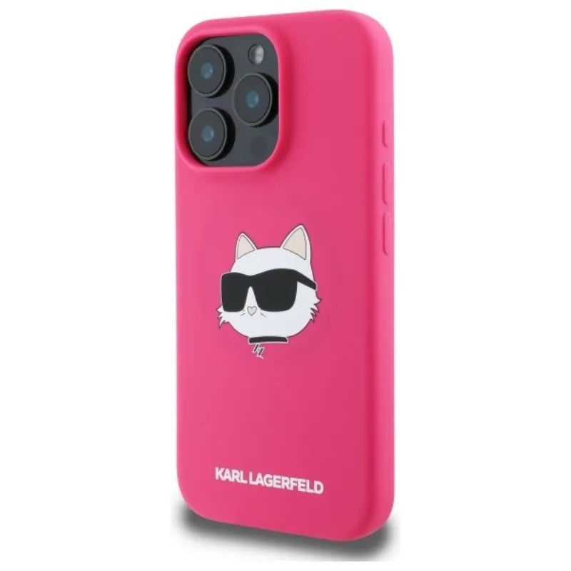 Karl Lagerfeld Silikoninis Choupette galvos atspaudas MagSafe - Dėklas iPhone 16 Pro (fuksijų spalvos)