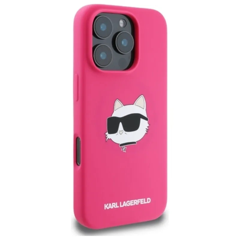 Karl Lagerfeld Silikoninis Choupette galvos atspaudas MagSafe - Dėklas iPhone 16 Pro (fuksijų spalvos)