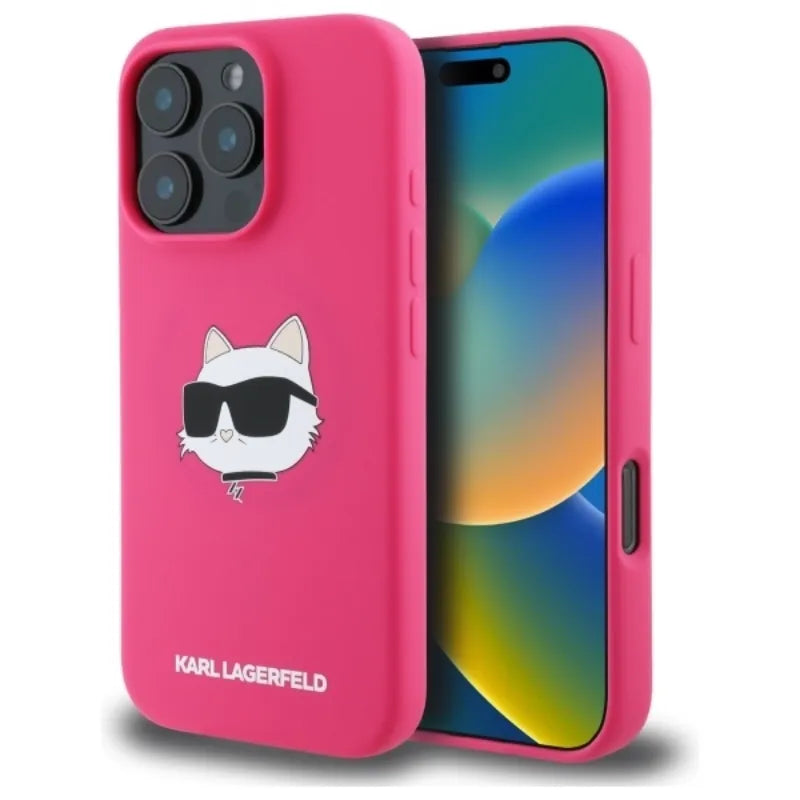 Karl Lagerfeld Silikoninis Choupette galvos atspaudas MagSafe - Dėklas iPhone 16 Pro (fuksijų spalvos)