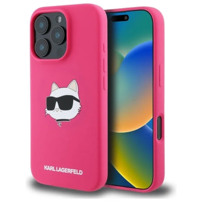 Karl Lagerfeld Silikoninis Choupette galvos atspaudas MagSafe - Dėklas iPhone 16 Pro (fuksijų spalvos)