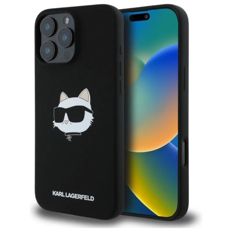 Karl Lagerfeld Silikoninis Choupette galvos atspaudas MagSafe - dėklas iPhone 16 Pro (juodas)