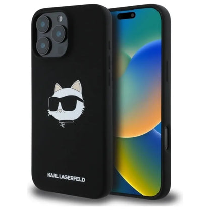 Karl Lagerfeld Silikoninis Choupette galvos atspaudas MagSafe - dėklas iPhone 16 Pro (juodas)