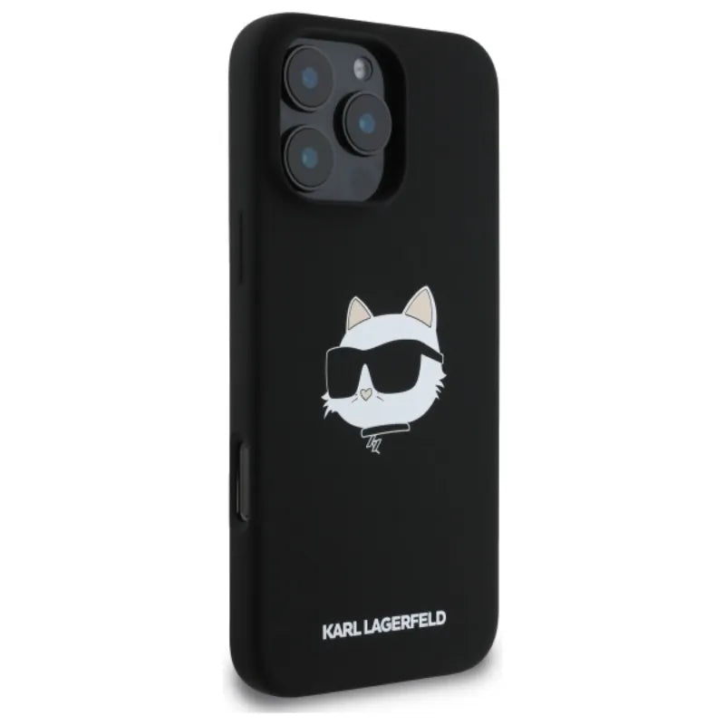 Karl Lagerfeld Silikoninis Choupette galvos atspaudas MagSafe - dėklas iPhone 16 Pro (juodas)