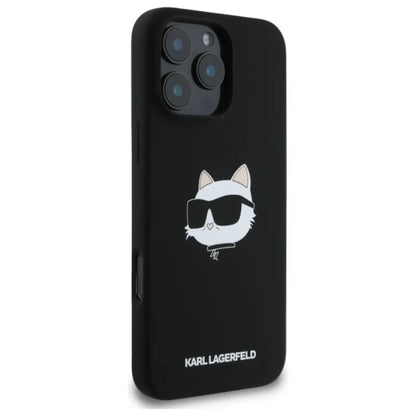 Karl Lagerfeld Silikoninis Choupette galvos atspaudas MagSafe - dėklas iPhone 16 Pro (juodas)