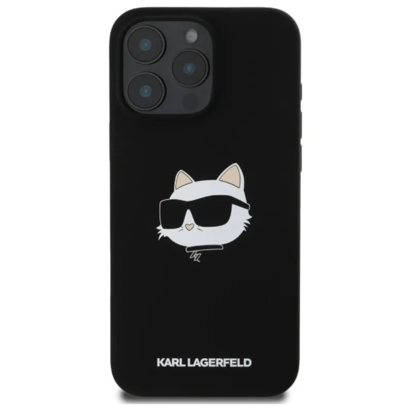 Karl Lagerfeld Silikoninis Choupette galvos atspaudas MagSafe - dėklas iPhone 16 Pro (juodas)