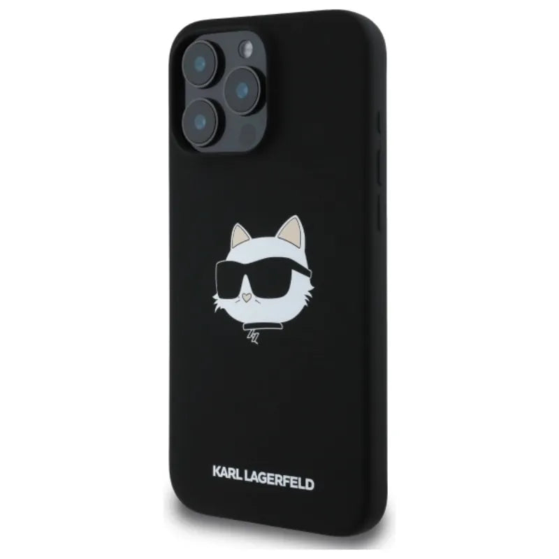 Karl Lagerfeld Silikoninis Choupette galvos atspaudas MagSafe - dėklas iPhone 16 Pro (juodas)