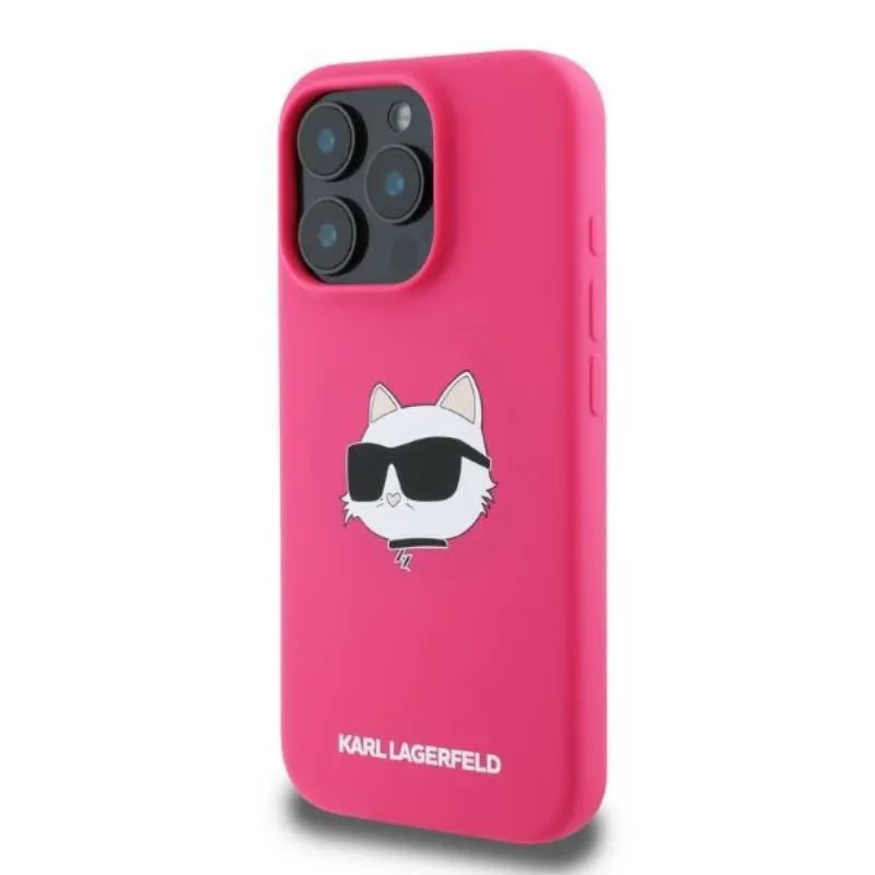 Karl Lagerfeld Silikoninis Choupette galvos raštas MagSafe - Dėklas iPhone 16 Pro Max (fuksijų spalvos)