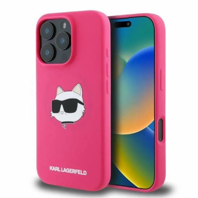 Karl Lagerfeld Silikoninis Choupette galvos raštas MagSafe - Dėklas iPhone 16 Pro Max (fuksijų spalvos)