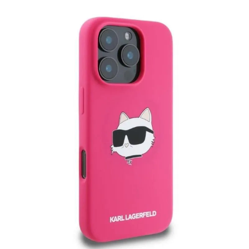 Karl Lagerfeld Silikoninis Choupette galvos raštas MagSafe - Dėklas iPhone 16 Pro Max (fuksijų spalvos)