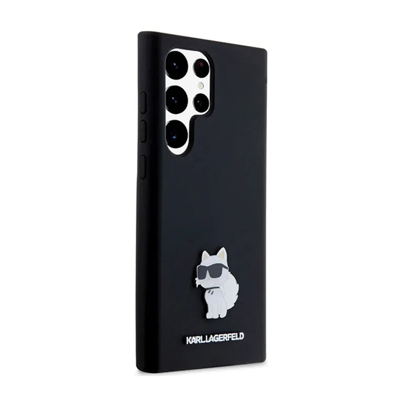 Karl Lagerfeld silikoninis „Choupette“ metalinis segtukas – dėklas „Samsung Galaxy S24 Ultra“ (juodas)