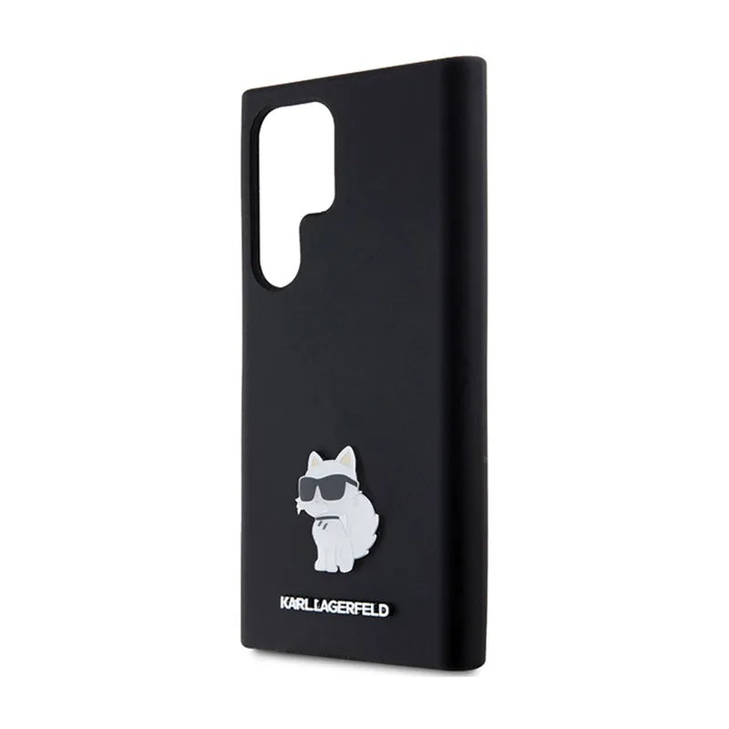 Karl Lagerfeld silikoninis „Choupette“ metalinis segtukas – dėklas „Samsung Galaxy S24 Ultra“ (juodas)