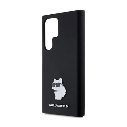 Karl Lagerfeld silikoninis „Choupette“ metalinis segtukas – dėklas „Samsung Galaxy S24 Ultra“ (juodas)