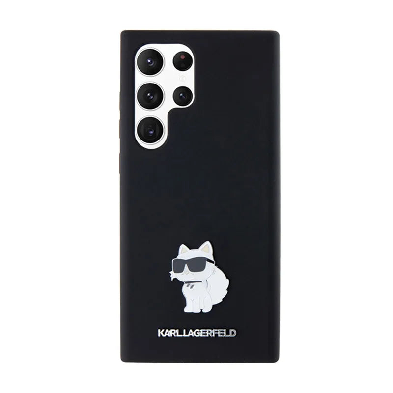 Karl Lagerfeld silikoninis „Choupette“ metalinis segtukas – dėklas „Samsung Galaxy S24 Ultra“ (juodas)