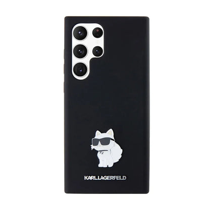 Karl Lagerfeld silikoninis „Choupette“ metalinis segtukas – dėklas „Samsung Galaxy S24 Ultra“ (juodas)